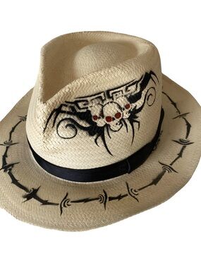 Run A Muck Straw Fedora Hat with Black Chicano Artwork and Black Band - M handpa